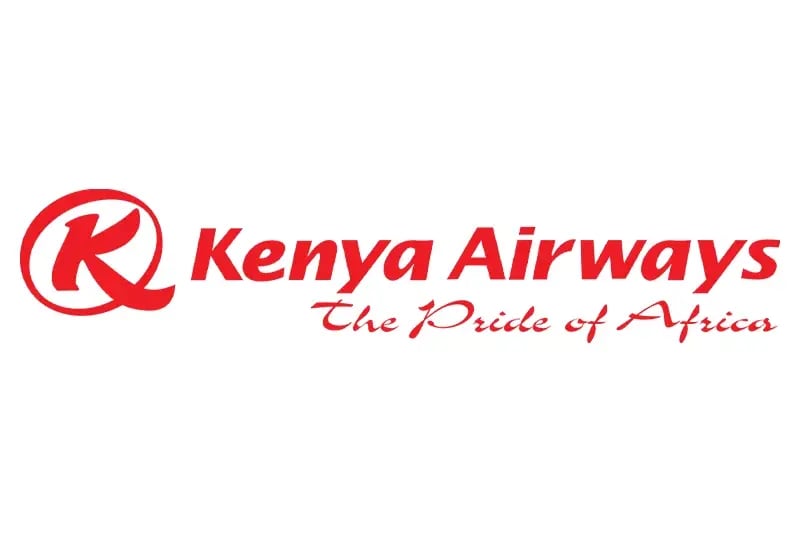 Logo of Kenya Airways with a red 'K' in a circle on the left, and "Kenya Airways" in bold red letters next to the slogan "The Pride of Africa".